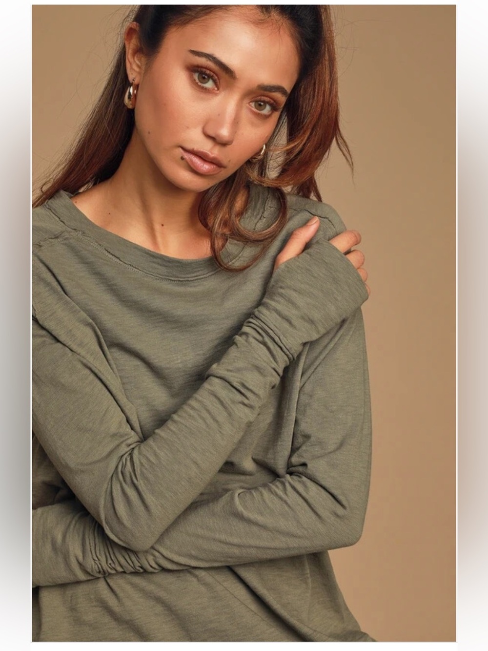 Free People Olive Green Long Sleeve Crewneck Top